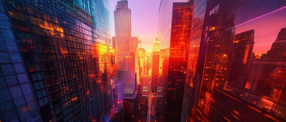 Fototapeta premium Skyscrapers at sunset with stock market graph overlay urban landscape business environment