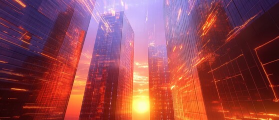 Fototapeta premium Stock market graph overlaying skyscrapers at sunset in urban environment futuristic concept