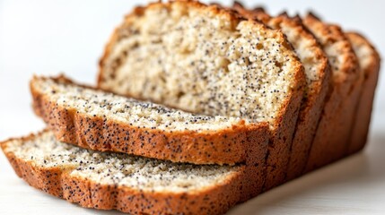 Slices of poppy seed bread arranged neatly, showcasing texture and color.