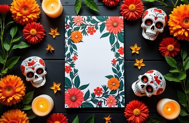 Dia de los Muertos invitation mockup. Blank card surrounded by sugar skulls marigolds candles. Festive Day of Dead party design. Mexican holiday celebration. Halloween decor. Colorful floral frame.