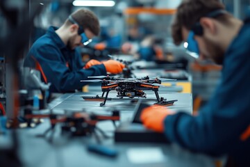 Technicians assembling drones in a modern production facility