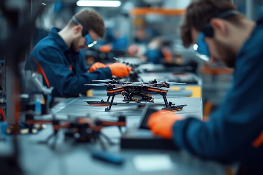 Technicians assembling drones in a modern production facility