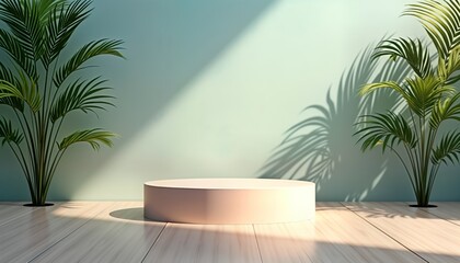 Fototapeta premium Minimalist summer scene shows empty product display platform. Pastel colors. Palm plants flank beige cylinder podium. Beach vacation theme. Clean studio background. Ideal for cosmetic ads.