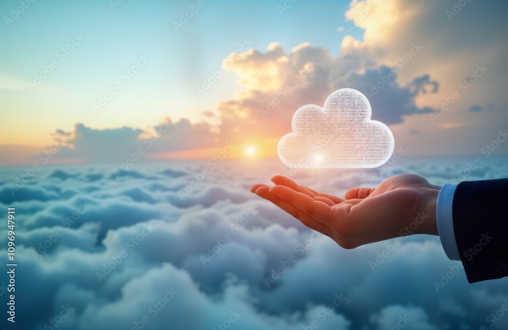 Poster Cloud data storage concept. Hand holds digital cloud symbol. Network server online. Business tech. Global digital data transfer. AI. Communication. Connectivity. Web.