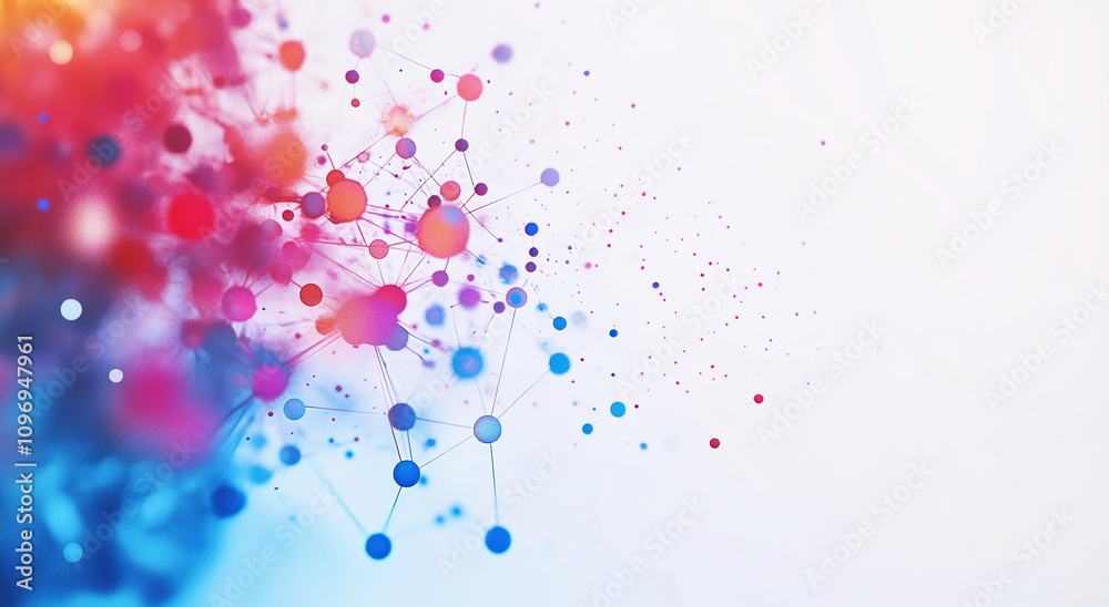 Poster colorful abstract design featuring interconnected dots and lines, suggesting modern technology and d