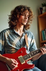 Obraz premium Young man with long hair plays red electric guitar. Indoor home music session. Musician practices instrument. Indie artist creates music. Hipster enjoys leisure time.