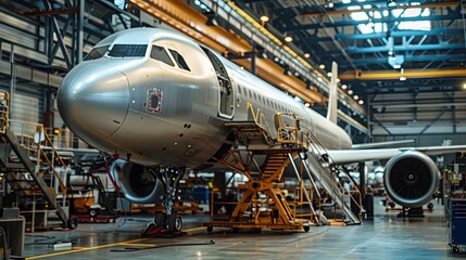 The concept of industrial production of aircraft. Passenger plane for maintenance repair check in airport hangar.
