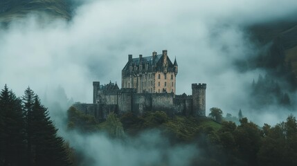 Naklejka premium Mysterious medieval castle amidst foggy hills enchanted landscape atmospheric photography