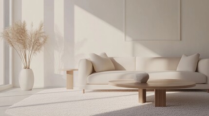 Minimalist living room with a beige sofa, wooden coffee table, and soft carpet illuminated by natural sunlight