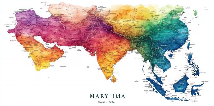 Watercolor Map Depicting Asia With Detailed Road Networks