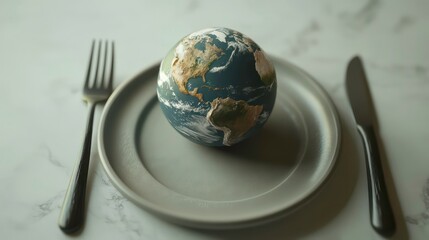 A miniature globe sits on a dinner plate with a fork and knife, symbolizing the consumption of Earth's resources.
