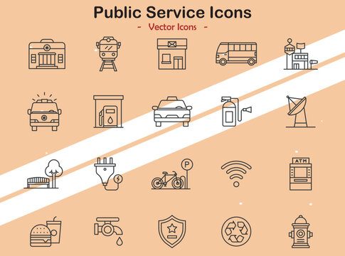 Icons illustrating public service and community themes in vector style