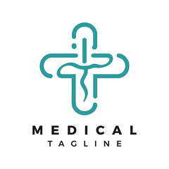 Minimalist flat hospital logo design concept, Caduceus with plus symbol, health care icon design graphic