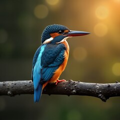 Fototapeta premium Vibrant kingfisher perches branch. Blue bird rests. Wildlife photography. Nature image. Tropical avian. Beautiful plumage. Exotic bird. Animal portrait. Colorful feathers. Bird hunting. Kingfisher