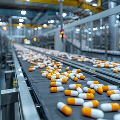 Obraz premium Orange-white capsules go on the conveyor of a modern pharmaceutical factory. The process of making tablets and capsules. Macro shot of the production line of medical products.