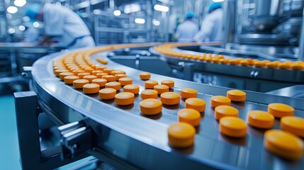 Fototapeta premium Production of Pharmaceuticals at the factory, modern technologies. Close-up Shot of Medical Drug Production Line.