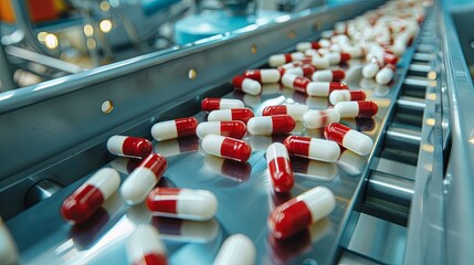 Red and white capsules go on the conveyor of a modern pharmaceutical factory. The process of making tablets and capsules. Macro shot of the production line of medical products.
