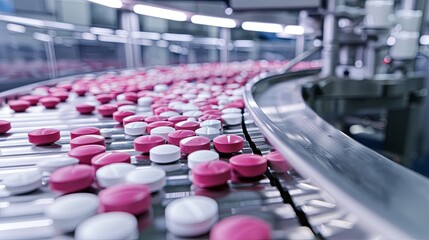 Obraz premium Pink and white round pills go on the conveyor belt of a modern pharmaceutical factory. The process of making tablets and capsules. Macro shot of the production line of medical products.