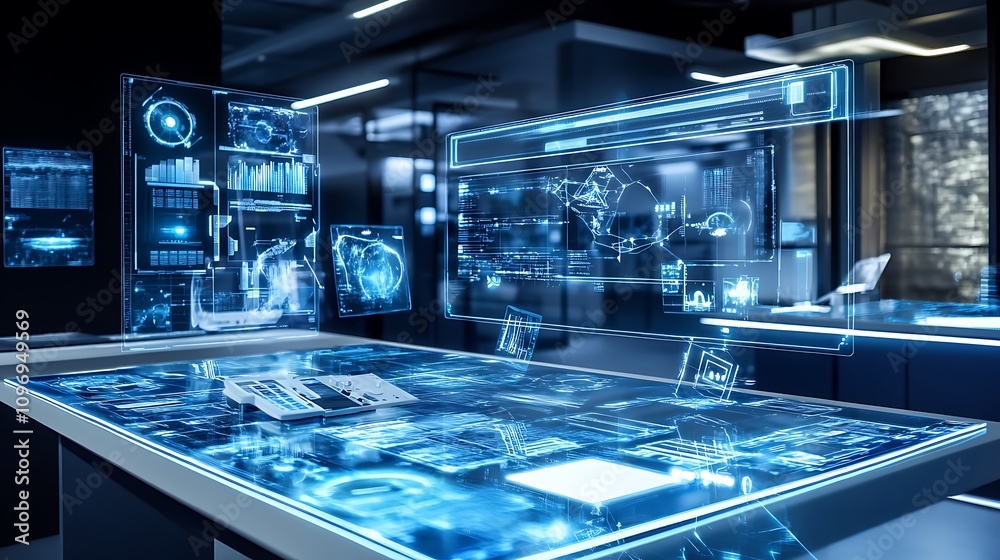 Poster a high-tech physics lab with augmented reality tools for visualizing the effects of relativistic spe