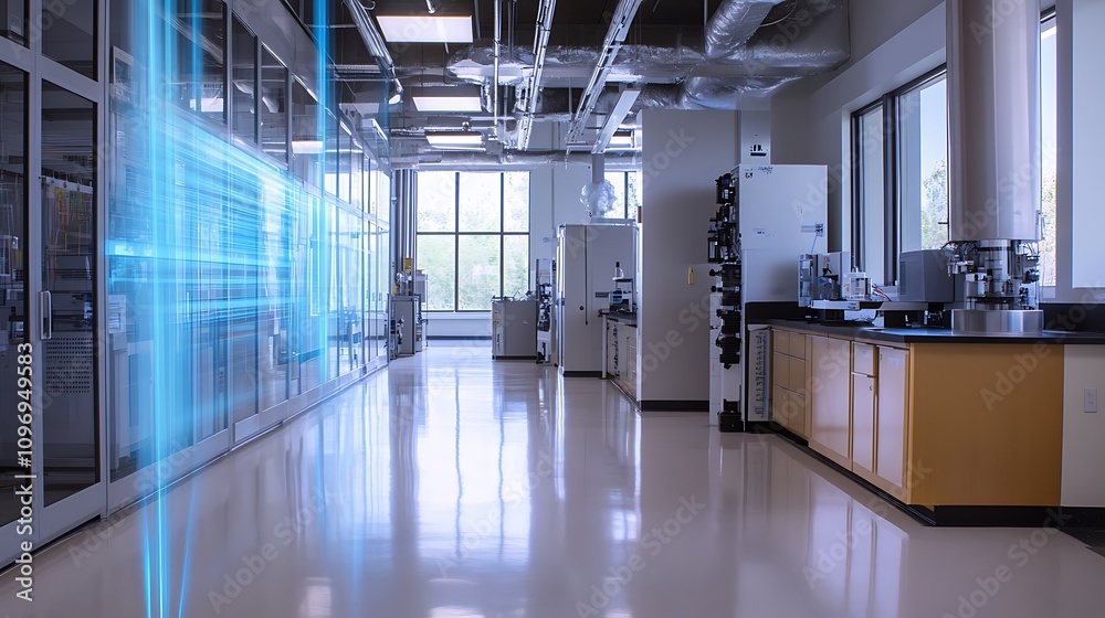 Poster a high-tech physics lab with augmented reality tools for visualizing the effects of relativistic spe