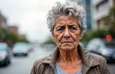 Serious elderly Latina woman stands city street. Gray hair older female person. Sad face portrait. Ageing senior citizen outdoors. Urban background. 70s 80s woman.