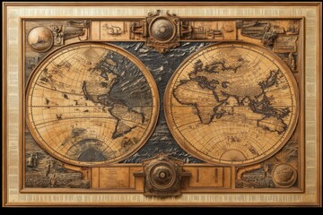 Intricate Antique World Map Framed In Ornate Wood