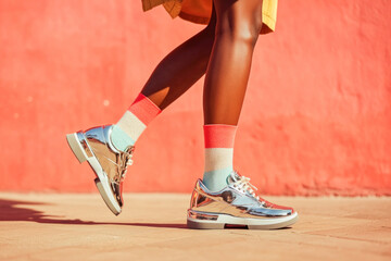 Close up of stylish woman's legs wearing trendy silver metallic footwear and colorful striped socks, walking against a vibrant coral wall
