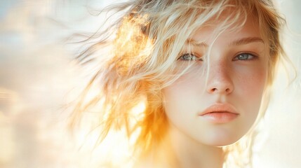 Naklejka premium Generative AI Portrait of a Young Pretty Woman in Soft Light