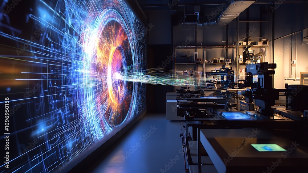 Poster a high-tech physics lab with augmented reality tools for visualizing the effects of quantum entangle