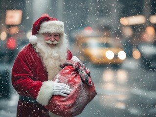 Santa Walking Through the Streets of New York, Spreading Holiday Cheer and Joy to All During the Festive Season, Capturing the Essence of Christmas in a Bustling City