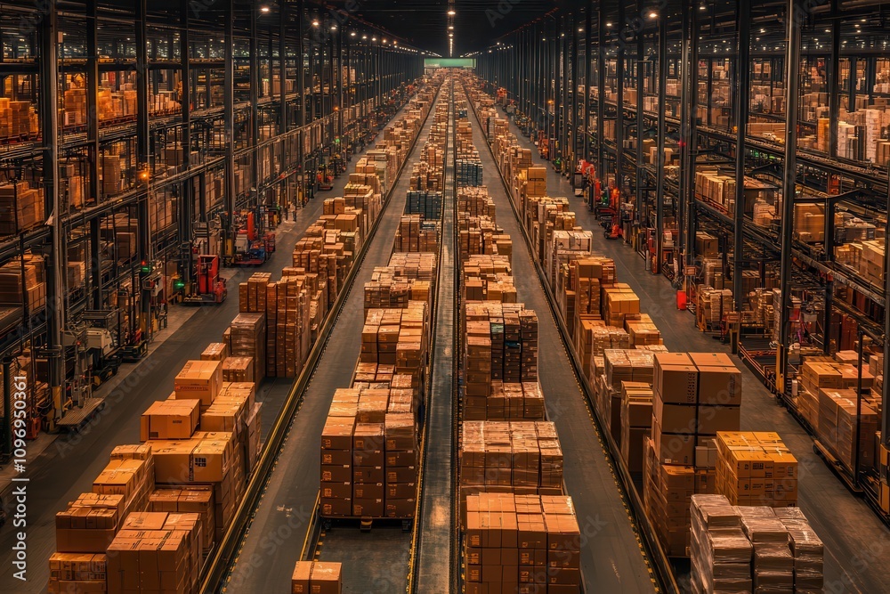Poster A vast warehouse filled with neatly stacked boxes and organized shelving, showcasing an efficient storage system.