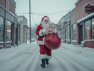 Captivating Wide Shot of Santa Claus Walking Through a Magical Snowy Landscape Perfect for Holiday-Themed Projects and Seasonal Promotions