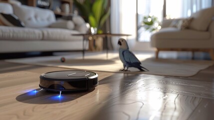 Obraz premium A parrot watches a robot vacuum cleaner in action, concept of cleaning, cleanliness and hygiene in a modern home