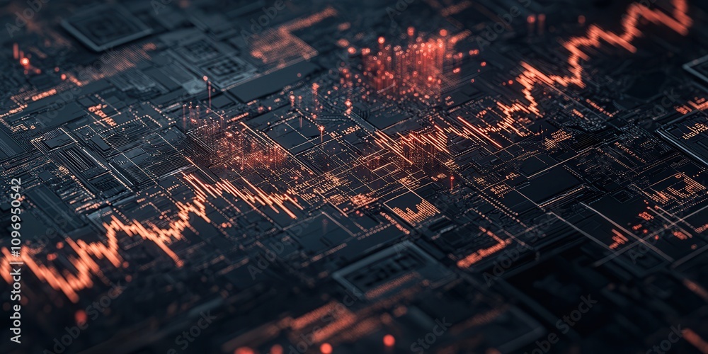 Poster Abstract digital design featuring circuit patterns and vibrant red waveforms against a dark background, suggesting technology and data visualization.