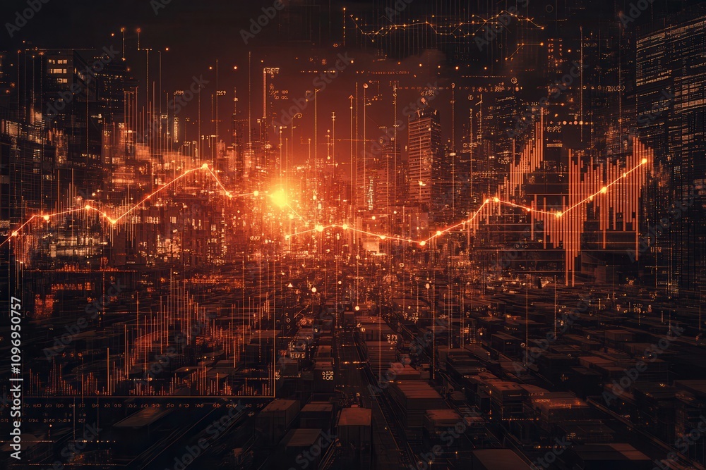 Aufkleber A vibrant cityscape illuminated by orange tones, featuring dynamic data visualizations and graphs representing market trends and analytics.