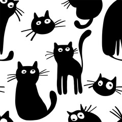 Abstract Hand Drawing Cute Black Cats Seamless Vector Textile Pattern Fabric Design with Isolated Background