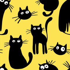 Abstract Hand Drawing Cute Black Cats Seamless Vector Textile Pattern Fabric Design with Isolated Background