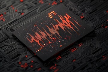 A digital representation of sound waves in red against a dark circuit board background, highlighting technology and audio visualization.