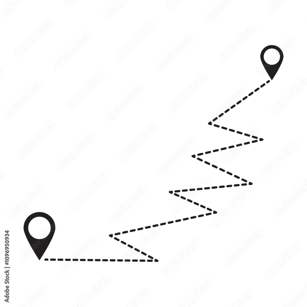 Wall mural route icon between two points with dotted path and location pin. location pointer continuous one lin