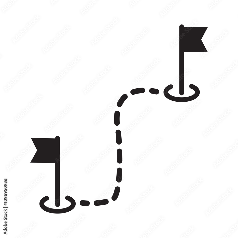 Wall mural route icon between two points with dotted path and location pin. location flag sign. route locations