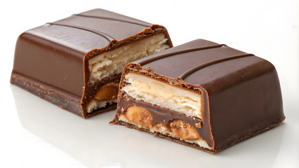 Delicious chocolate bar cracked in half, revealing layers of creamy filling and crunchy texture. Perfect for sweet treat or dessert indulgence