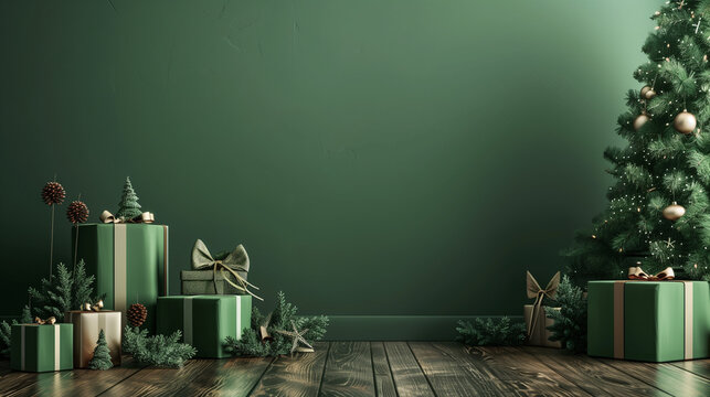 3d rendering of colorful green christmas background wall with green party decoration, empty wall mock up, christmas party invitation, greeting card	
