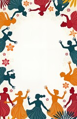 Fototapeta premium Dance festival invitation mockup. Blank space. Colorful dancer silhouettes. Cultural patterns. Graphic design template. Event promotion. Marketing material. Digital media. Artistic design. Cultural
