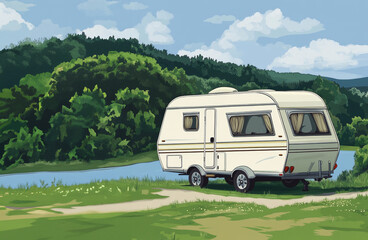 A cozy, white caravan parked near a serene river, surrounded by lush greenery and a clear blue sky, perfect for a tranquil getaway in nature.