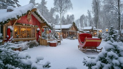 A Festive and Magical Outside View of Santa's Workshop at the North Pole Perfect for Holiday Promotions and Children's Events