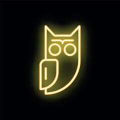 Bright yellow neon sign of an owl on a black background