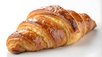 Freshly baked croissant with glossy, golden brown crust, showcasing its flaky layers and rich buttery texture. Perfect for breakfast or delightful snack