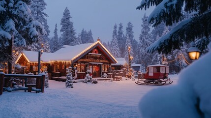 A Magical Outdoor View of Santa's Workshop at the North Pole Showcasing the Festive Spirit of Christmas with Colorful Decorations and Snow-Covered Landscapes That Inspire Holiday Cheer.