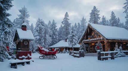 A Stunning Outside View of Santa's Workshop at the North Pole Capturing the Festive Spirit and Whimsical Architecture Perfect for Holiday-Themed Illustrations and Seasonal Greetings