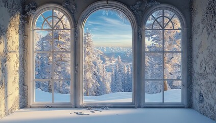 Dreamy Winter Landscape Through an Arched Window. AI generated illustration